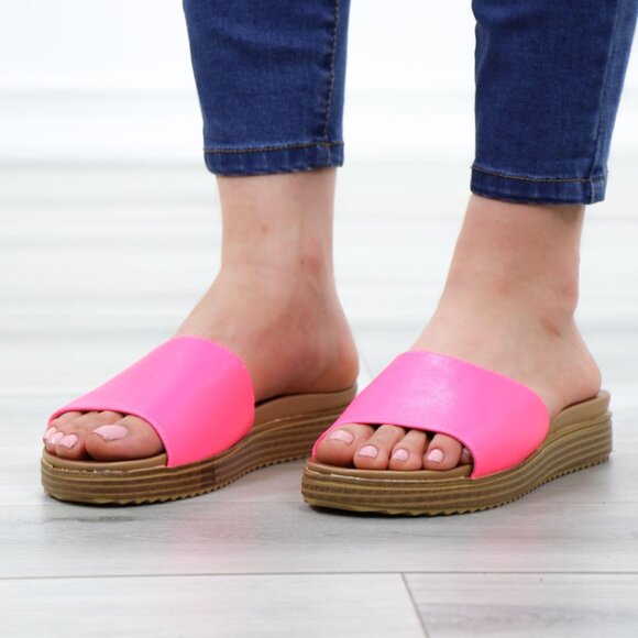 Neon Pink Faux Leather Slip On Comfort Sandal - Picture 12 of 13